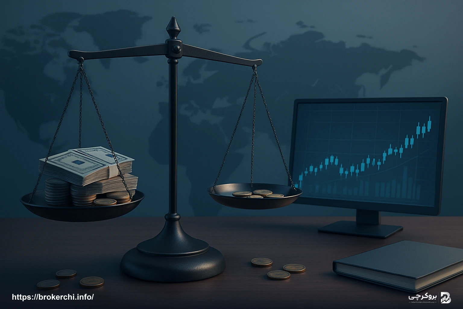 مقایسهٔ تمرکز مالی بر بازار ایران با سایر مناطق بر روی ترازو.