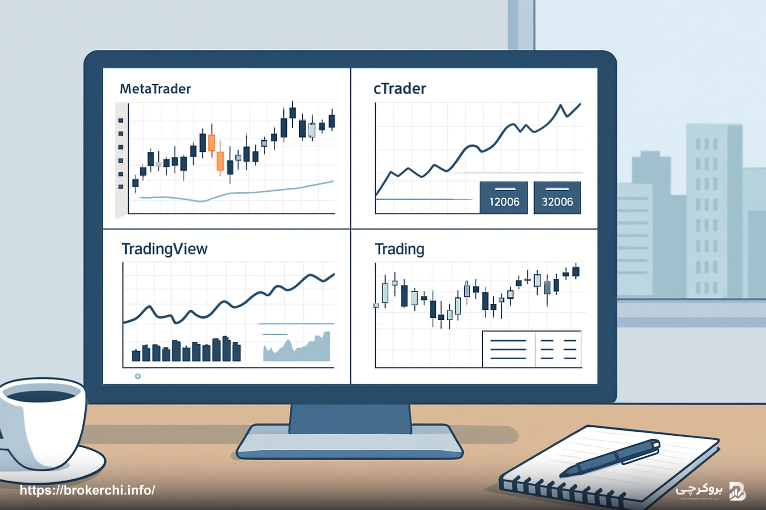 چهار پلتفرم معاملاتی روی یک صفحهٔ نمایشگر، شامل MetaTrader، cTrader و TradingView.