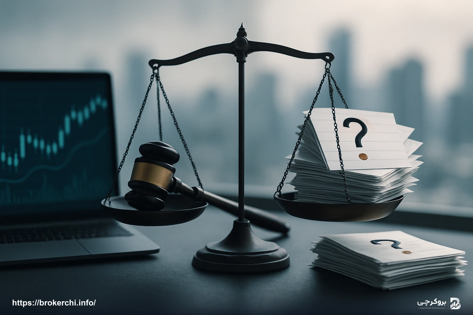 ترازویی با گرانیت قضاوت و اسناد علامت‌دار مقابل یکدیگر برای نشان دادن نبود پشتوانه حقوقی.